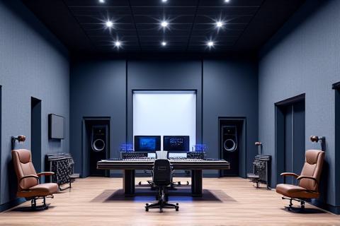 Moderno estudio de grabación con aislamiento acústico y equipo profesional.