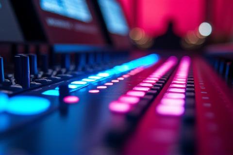 Mezclador de audio profesional con luces LED y enfoque en un evento en vivo.